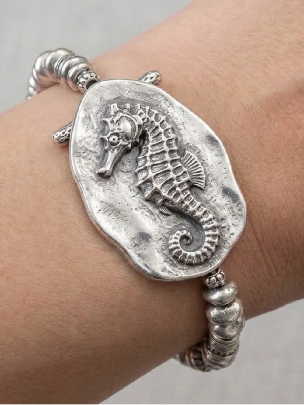Seahorse Bracelet Large Sea Horse Stretch Cuff Nautical Ocean Silver Color Beach